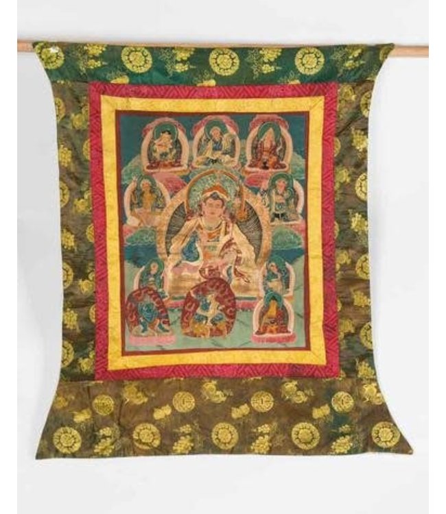 Antico Buddha Thangka Tibetano Dipinto a Mano e Ricamato Grande L90xA96cm