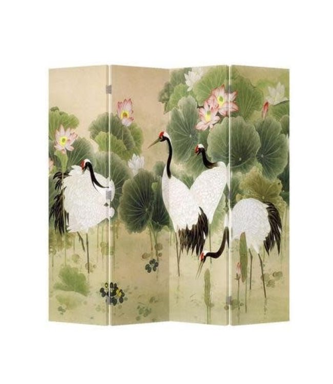 Chinese Oriental Room Divider Folding Privacy Screen 4 Panels W160xH180cm Cranes Lotus Garden