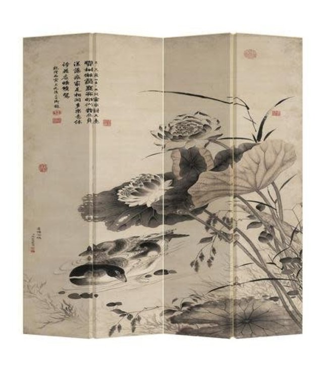 Chinese Oriental Room Divider Folding Privacy Screen 4 Panel Ducks in Lotus Pond W160xH180cm