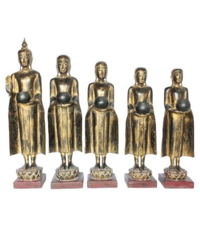 Standing Buddha with Standing Monk 107-75cm Set/5 Handmade from Solid Tree Trunk