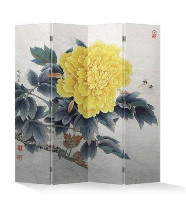 Chinees Kamerscherm Oosters Scheidingswand B160xH180cm 4 Panelen Pioen Geel