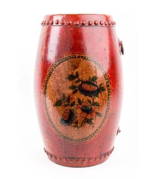 Tambor Chino Antiguo Pintado A Mano Rojo