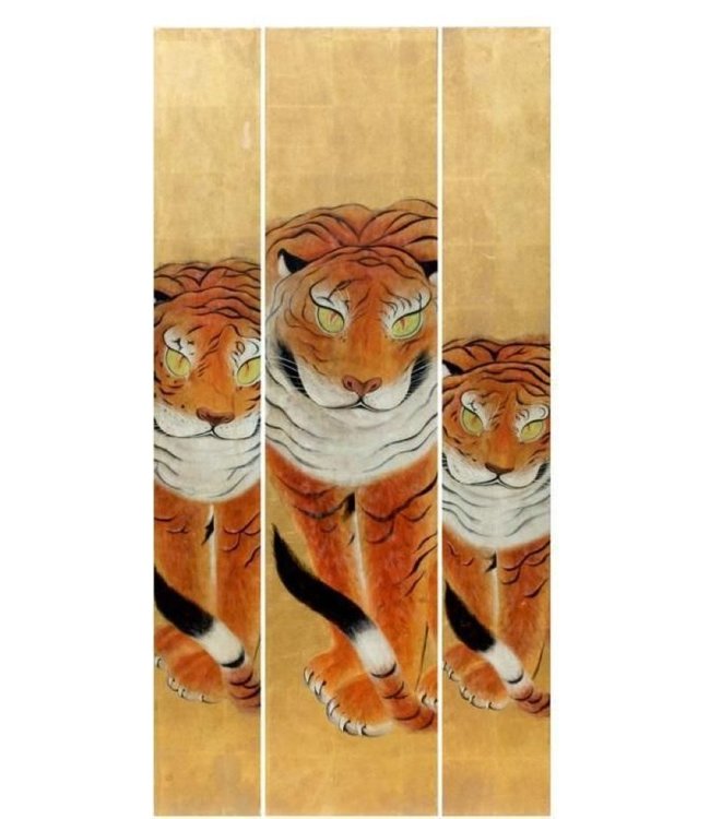 Handmade 3 Tigers Painting of Gold Leaf W79xH160cm