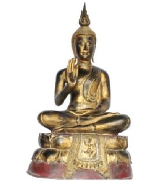 Fine Asianliving Sukhothai Buda Sentado Negro Rojo Oro Hecho a Mano a Partir de un Tronco de Árbol Sólido An75xP40xAl92cm