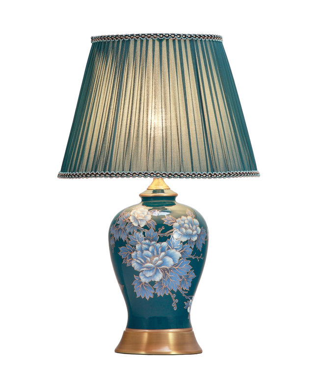 Lámpara de Mesa de Porcelana Pintada a Mano Azul Peonías Base de Bronce D.33xA53cm