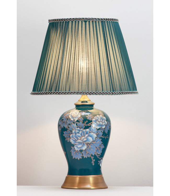 Chinesische Tischlampe Handbemalt Nachtblau Pfingstrose Bronzebasis D33xH53cm