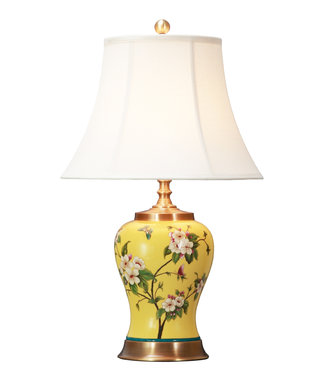 Fine Asianliving Lámpara de Mesa de Porcelana China con Pantalla Pintada a Mano Amarilla D.41xA66cm