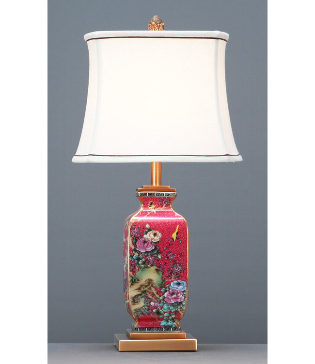 Lampe de Table en Porcelaine Chinoise Rouge Peinte à la Main L14xP14xH57cm
