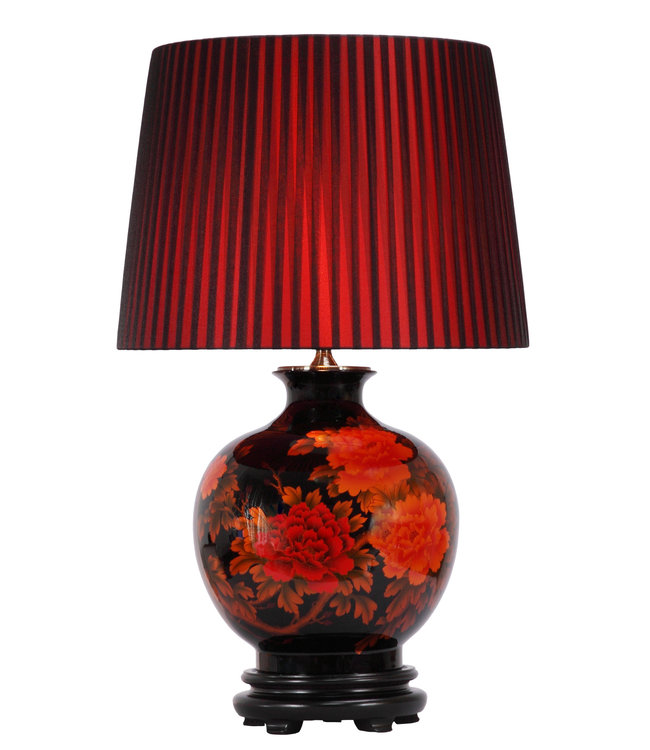 Oriental Table Lamp Porcelain Black with Red Flowers Large W48xD48xH80cm