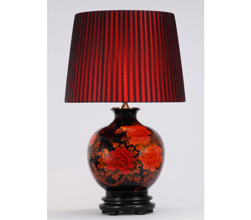 Chinesische Tischlampe Porzellan mit Schirm Schwarz mit Roten Blumen Groß B48xT48xH80cm