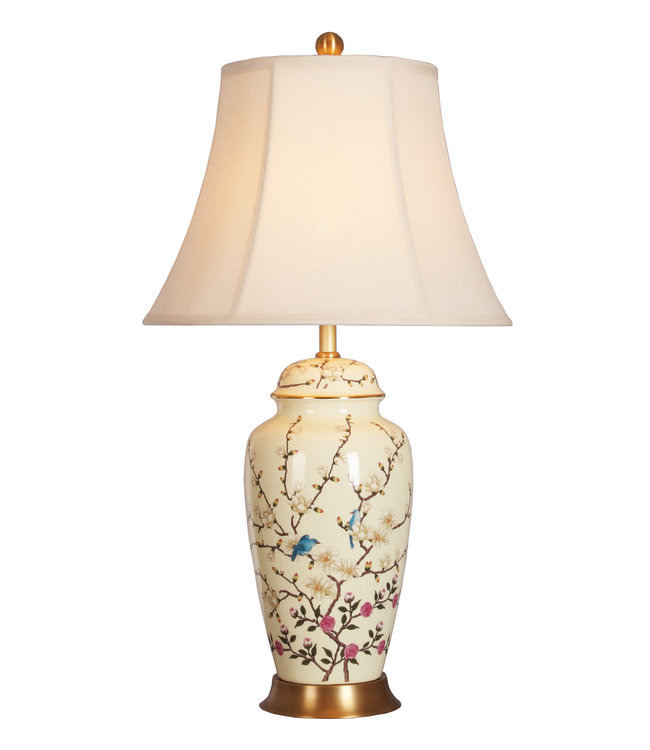 Lampada da Tavolo Cinese in Porcellana Creme Bianco Rami di Fiori L41xP41xA74cm