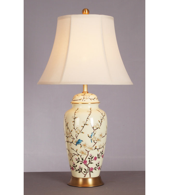 Lampada da Tavolo Cinese in Porcellana Creme Bianco Rami di Fiori L41xP41xA74cm