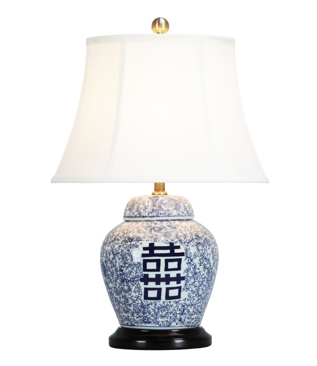 Chinesische Tischlampe Porzellan mit Schirm Doppel Glück B38xT38xH58cm