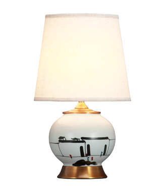 Fine Asianliving Chinese Table Lamp Black White Scenery Bronze Base D28xH48cm