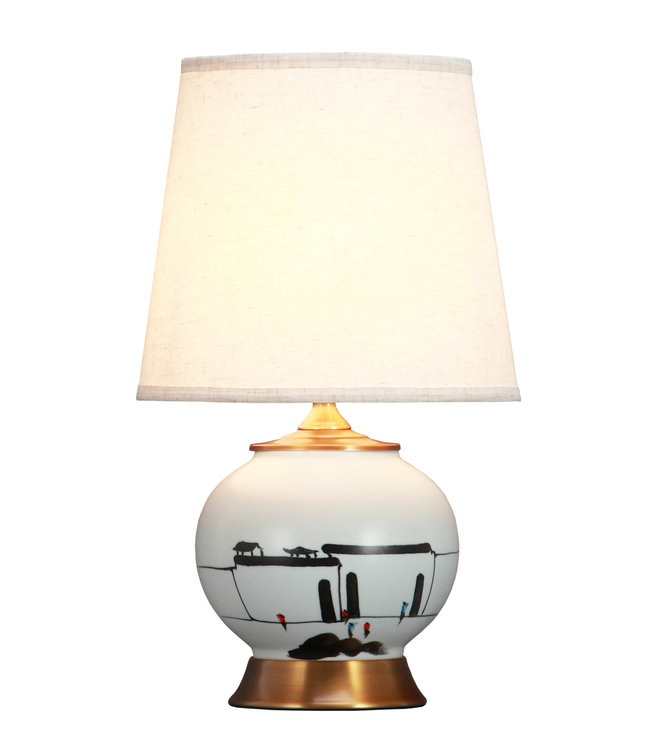 Chinese Table Lamp Black White Scenery Bronze Base D28xH48cm