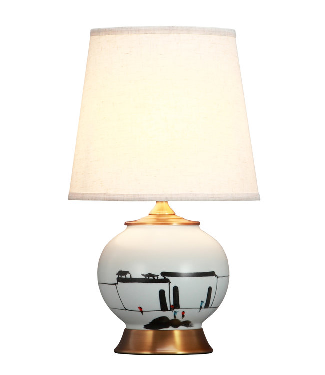Lampe de Table en Porcelaine Chinoise Noire Blanche Paysage Base en Bronze D.28xH48cm