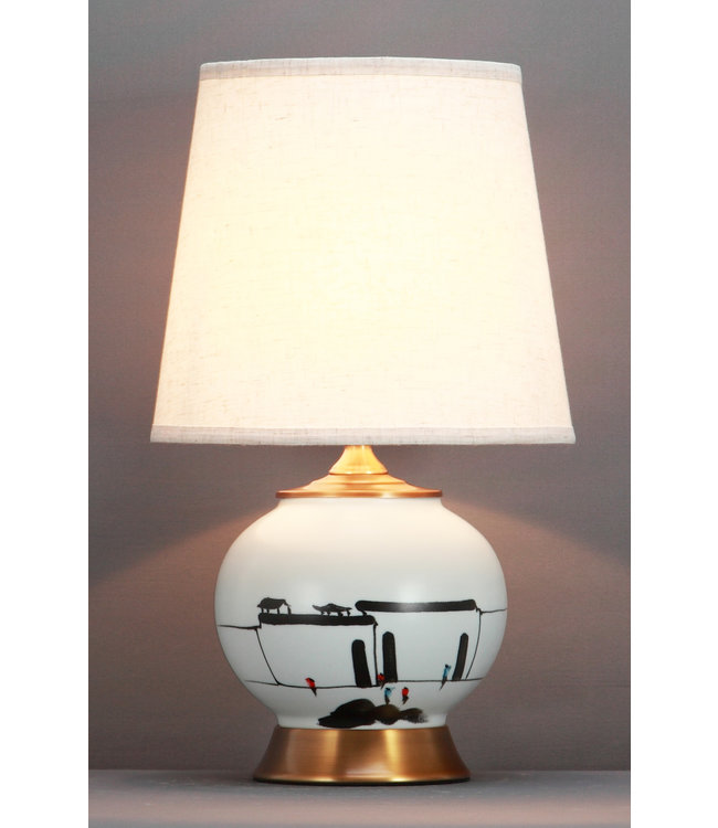 Chinesische Tischlampe Schwarz Weiss Landschaft Bronzebasis D28xH48cm