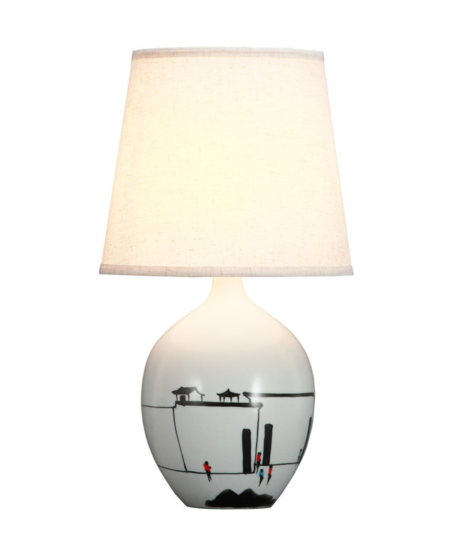 Chinese Table Lamp Black White Scenery D28xH51cm