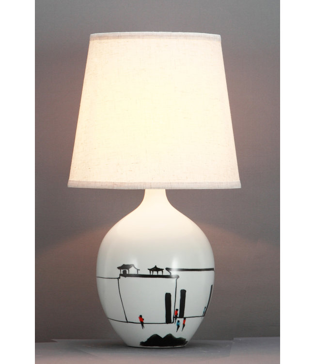 Chinese Table Lamp Black White Scenery D28xH51cm