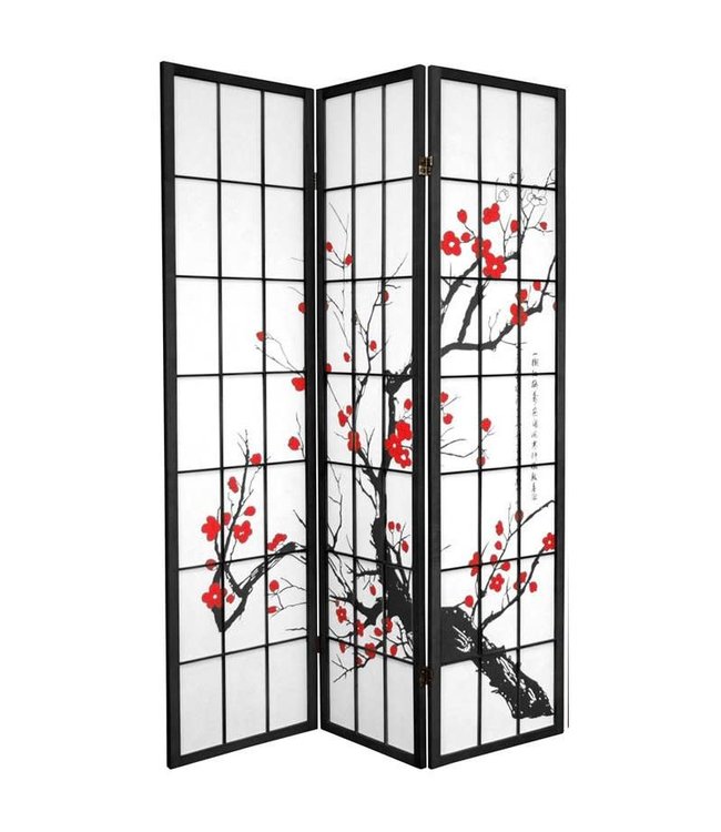 Paravent Japonais L135xH180cm 3 Panneaux Shoji Cerisier en Fleurs Noir