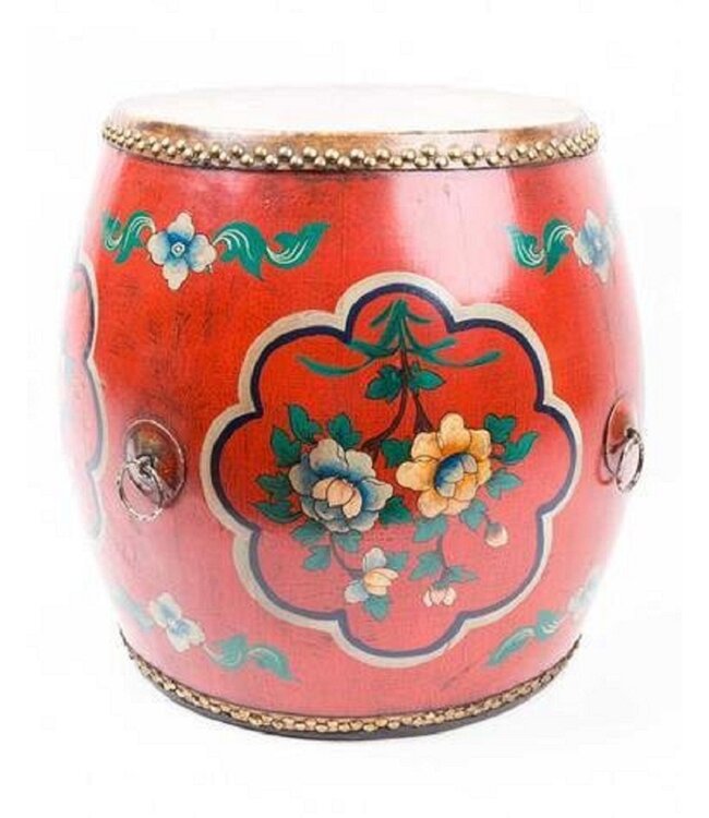 Table d'Appoint Chinoise Fleurs Peintes à La Main Rouge L35cm x H45cm x P35cm