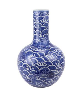 Fine Asianliving Chinesische Vase Porzellan Handbemalter Koi Blau Weiß D28xH43cm