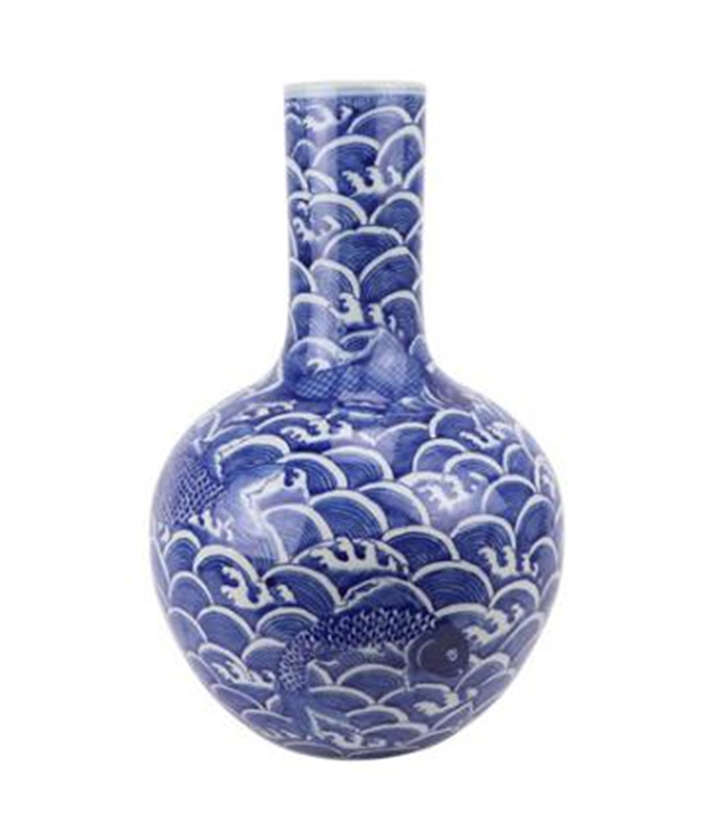 Chinesische Vase Porzellan Handbemalter Koi Blau Weiß D28xH43cm