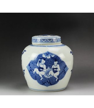 Fine Asianliving Pot à Gingembre Chinois Enfants Bleu Peint à la Main L23xH23cm