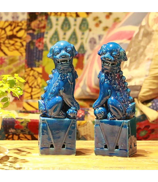 Chinese Foo Dogs Set/2 Porzellan Blau Handgefertigt D10xH34cm