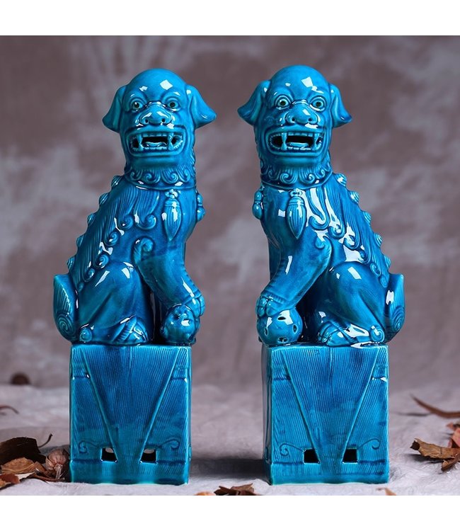 Ensemble Chiens Foo Chinois/2 Porcelaine Bleu Fait Main D10xH34cm