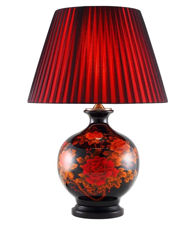Lampe de Table en Porcelaine Chinoise Noire avec Fleurs Rouges Petit L43xP43xH62cm