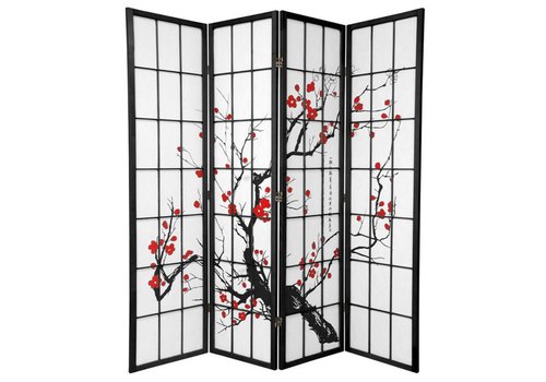 Fine Asianliving Japanse Kamerscherm B180xH180cm 4 Panelen Shoji Rijstpapier Zwart - Sakura