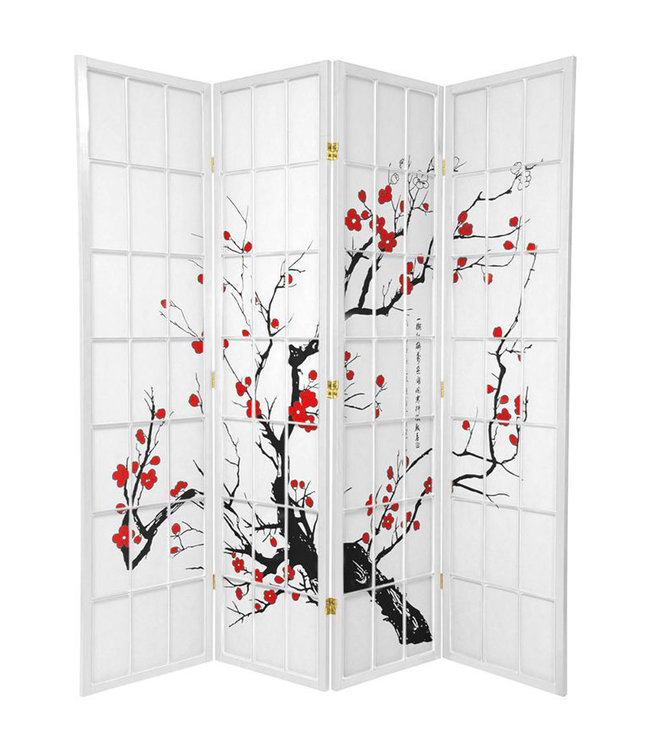 Paravent Japonais  L180xH180cm 4 Panneaux Shoji Papier de Riz Blanc - Cerisier en Fleurs