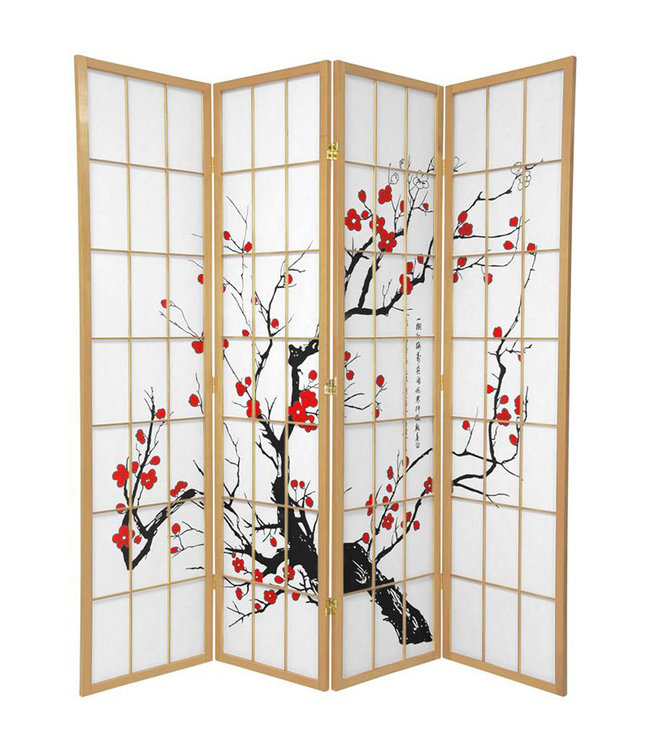 Paravent Japonais 4 panneaux L180xH180cm Shoji Papier de Riz - Cerisier en Fleurs