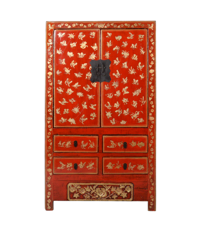 Antiker chinesischer Hochzeitsschrank Rotgold handbemalt B107xT50xH186cm