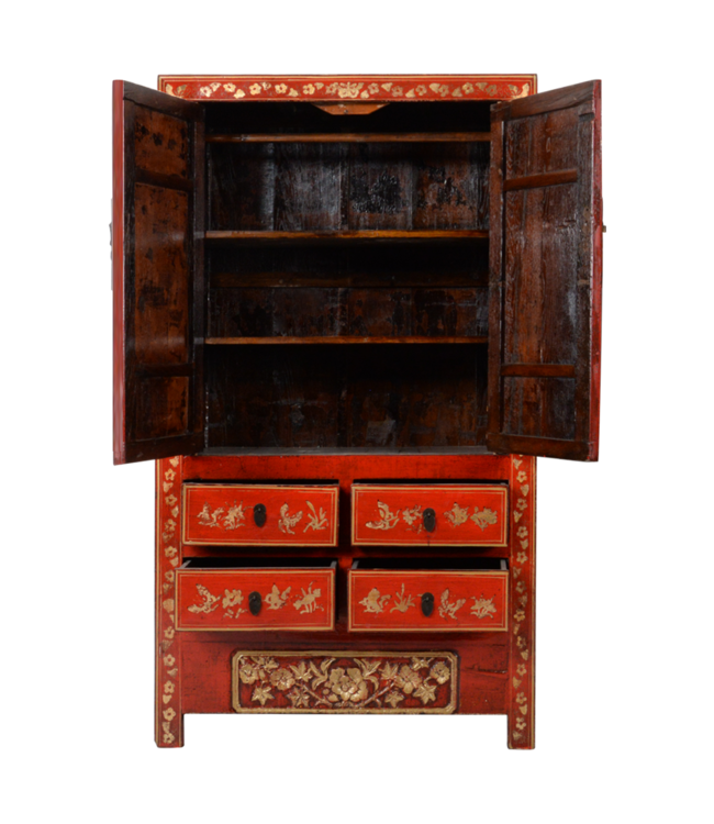 Antiker chinesischer Hochzeitsschrank Rotgold handbemalt B107xT50xH186cm