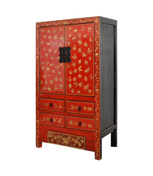 Antieke Chinese Bruidskast Rood Goud Handgeschilderd B107xD50xH186cm