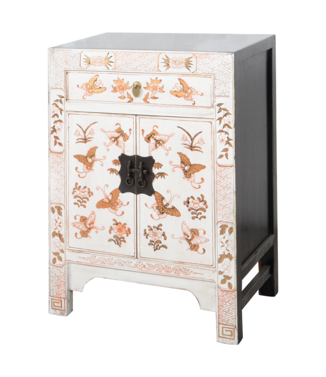 Chinesischer Schrank Weiß Handbemalt Schmetterlinge B58xT37xH85cm