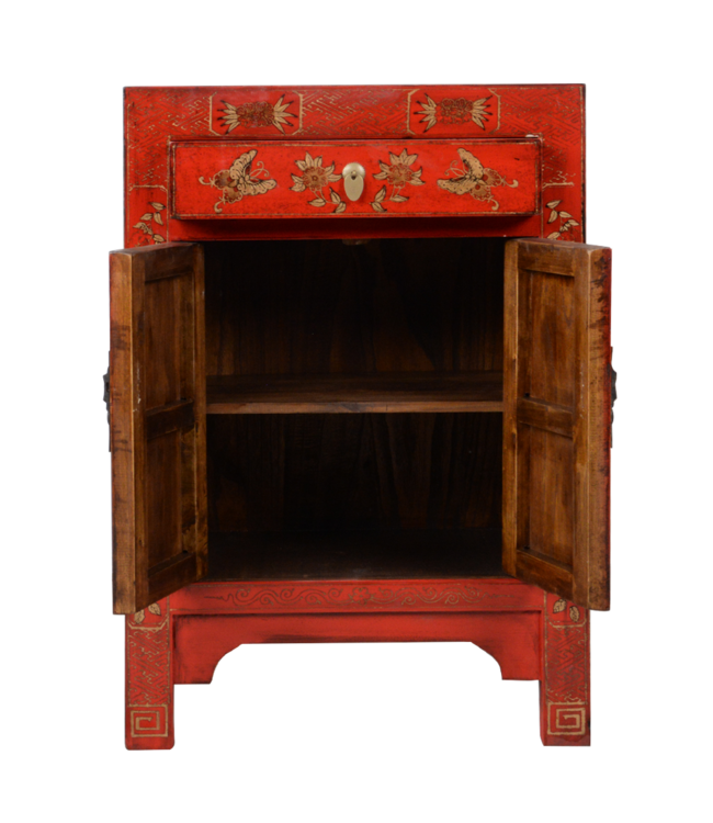 Armoire Chinoise Rouge Papillons Peints Main L58xP37xH85cm