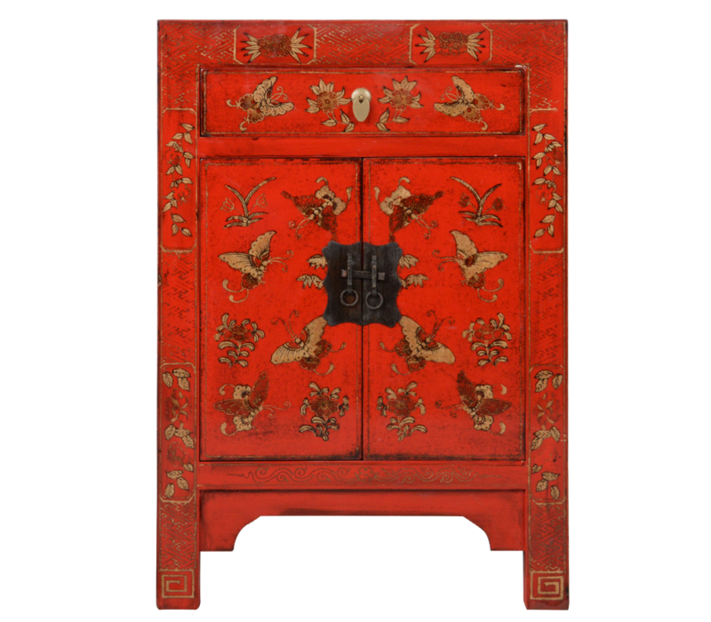 Chinese Cabinet Red Handpainted Butterflies W58xD37xH85cm