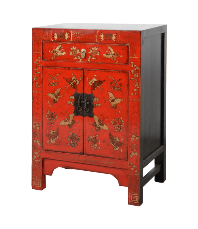 Chinese Kast Rood Handgeschilderd Vlinders B58xD37xH85cm