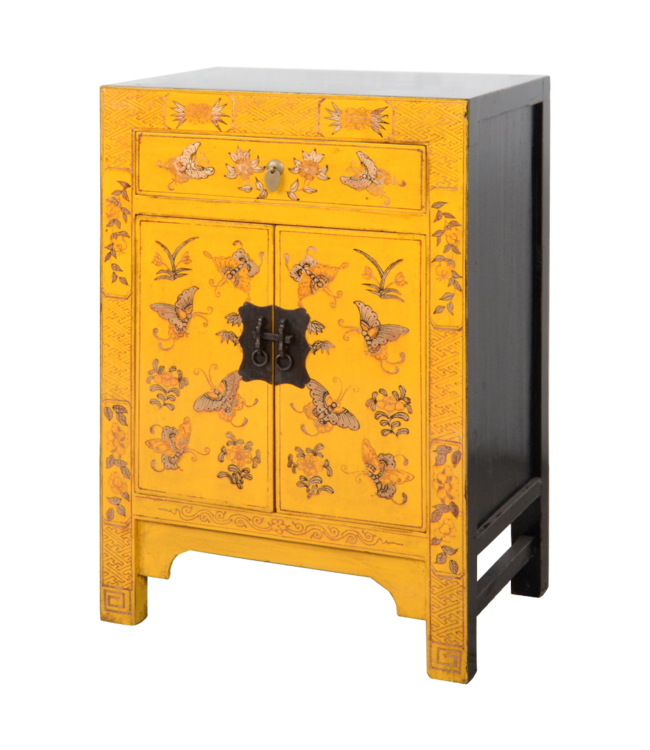 Armoire Chinoise Jaune Papillons Peints Main L58xP37xH85cm