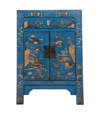 Fine Asianliving Armoire Chinoise Bleue Paysage Peint à la Main L58xP37xH85cm