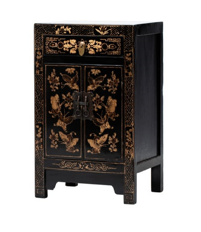 Chinesischer Schrank Schwarz Schmetterlinge Handbemalt B58xT37xH85cm