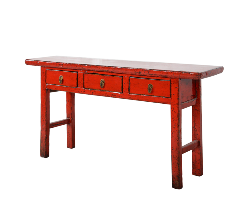 Table Console Antique Chinoise Rouge Brillant L165xP40xH84cm