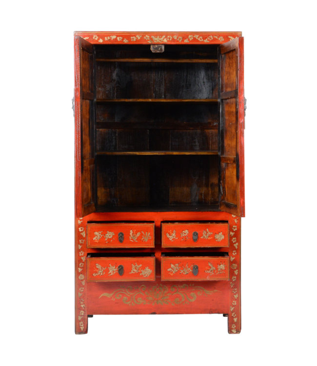 Antico Armadio Da Matrimonio Cinese in Oro Rosso Dipinto a Mano Circa L105xP50xH188cm
