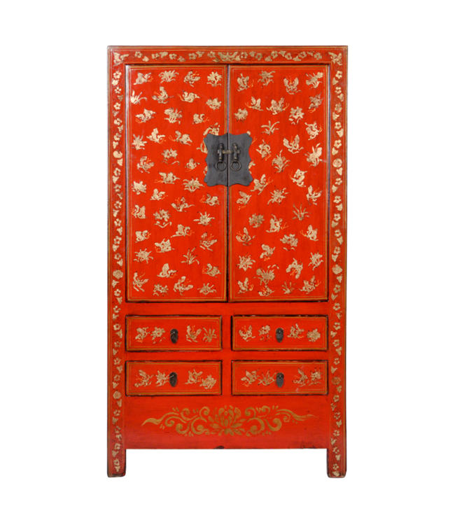 Armoire de Mariage Chinoise Ancienne Bleu Or Laquée Peinte à la Main L105xP50xH188cm