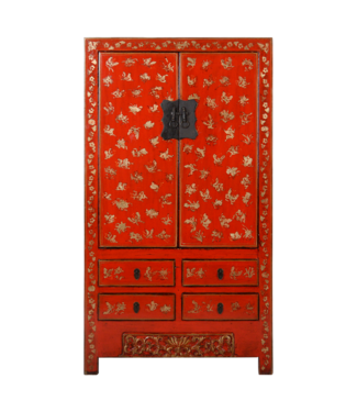 Fine Asianliving Antieke Chinese Bruidskast Rood Goud Handgeschilderd B105xD50xH188cm