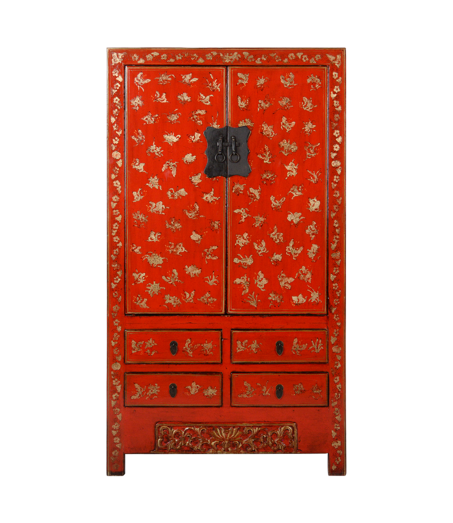 Armoire de Mariage Chinoise Ancienne Bleu Or Laquée Peinte à la Main L105xP50xH188cm