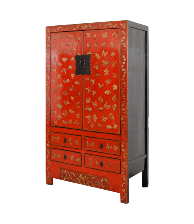 Armoire de Mariage Chinoise Ancienne Bleu Or Laquée Peinte à la Main L105xP50xH188cm